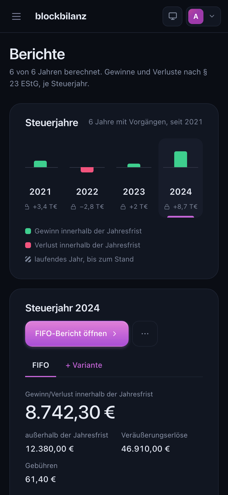 Berichte-Seite von blockbilanz auf dem Smartphone