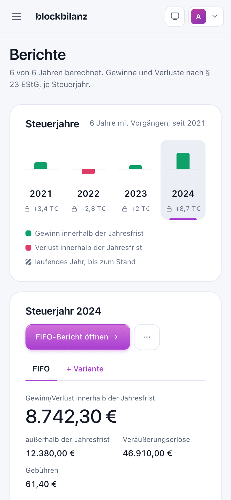 Berichte-Seite von blockbilanz auf dem Smartphone